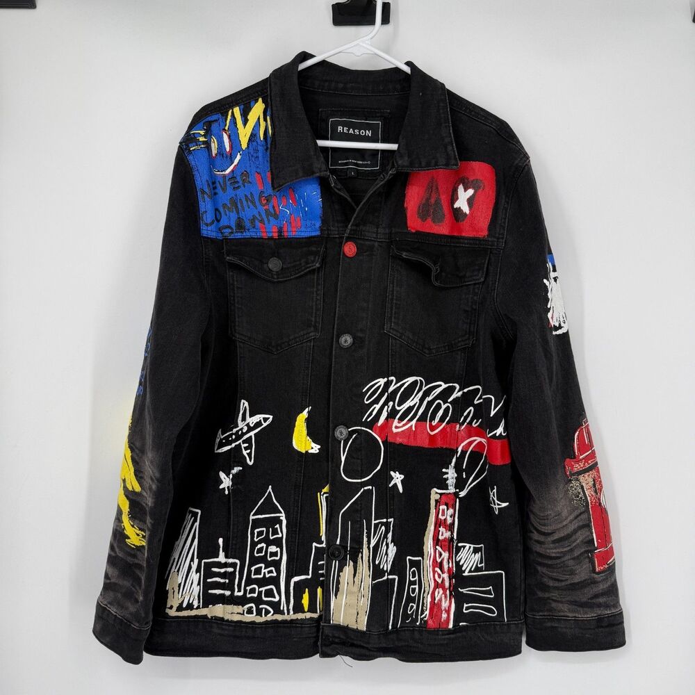 Reason Denim Jacket Graffiti Biker Emo Grunge Streetwear Art to Wear Men Size L - Picture 2 of 11